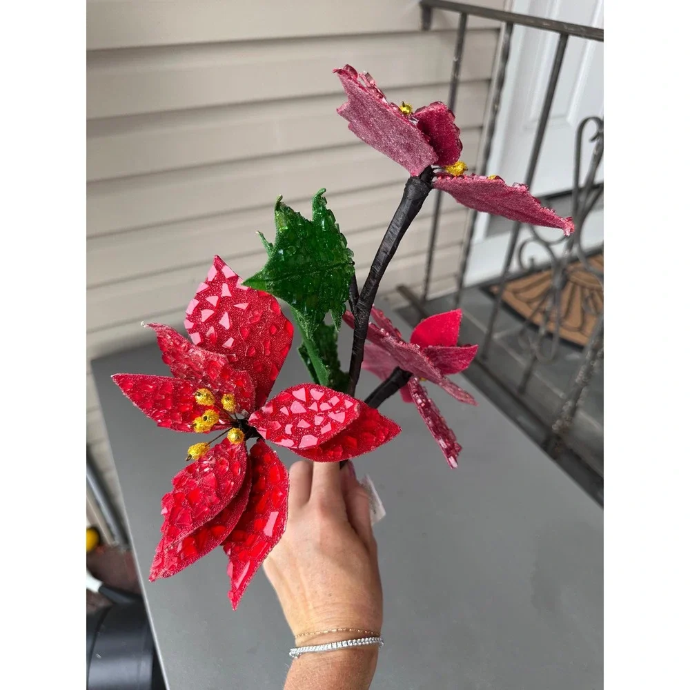 Neiman Marcus Red Beaded Poinsettia Christmas Floral Stem 31 Inch Holiday Decor